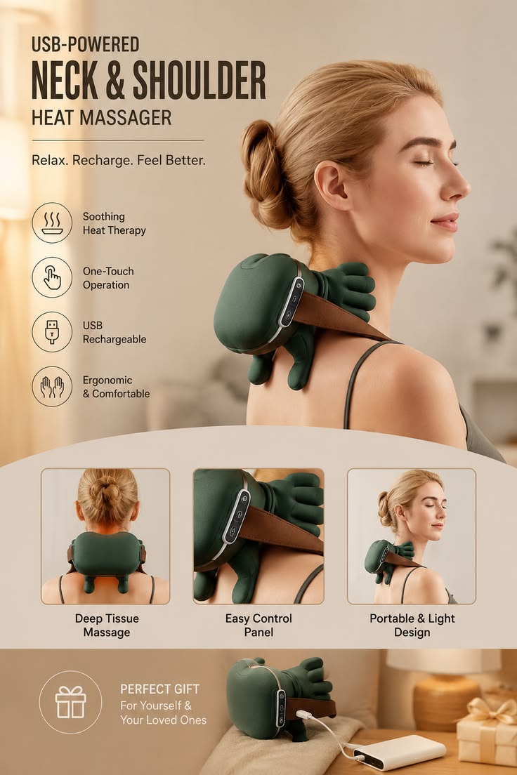 💆 Electric Shoulder & Neck Massager with Heat – Deep Tissue Shiatsu Massage Pillow