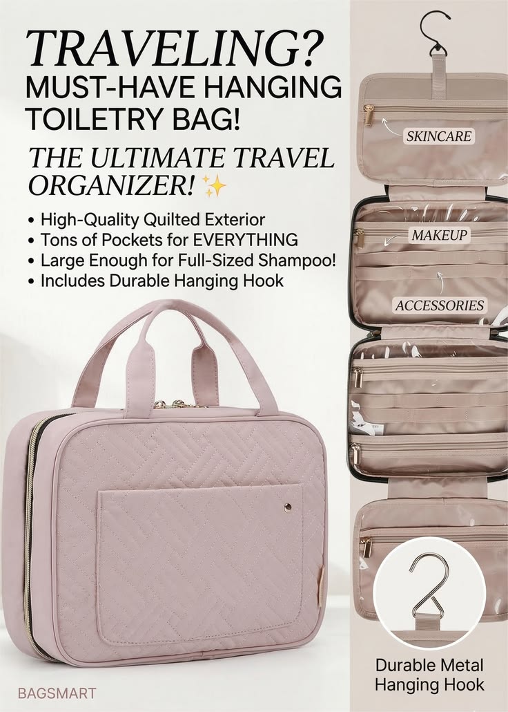 ✈️ Large Waterproof Travel Cosmetic Bag – Hanging Hook & Smart Makeup Organizer